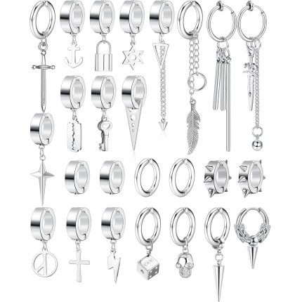 Thunaraz 25 peças de brincos de pressão para homens e mulheres, brincos de argola de pressão de aço inoxidável, brincos falsos pretos para homens e mulheres, conjunto de brincos de argola de pressão