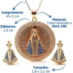 Conjunto Feminino "Nossa Senhora Aparecida" – Colar e Brincos Banhados a Ouro 18K com Zircônias, Simbolismo Religioso e Fé – Acompanha Bolsa de Veludo - Imagem 3