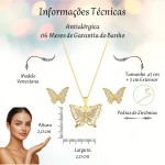 Conjunto Colar e Brinco de Borboleta com Pedras de Zircônias Semi Joias Banhado Ouro 18k Presente Mãe Esposa Namorada - Imagem 4