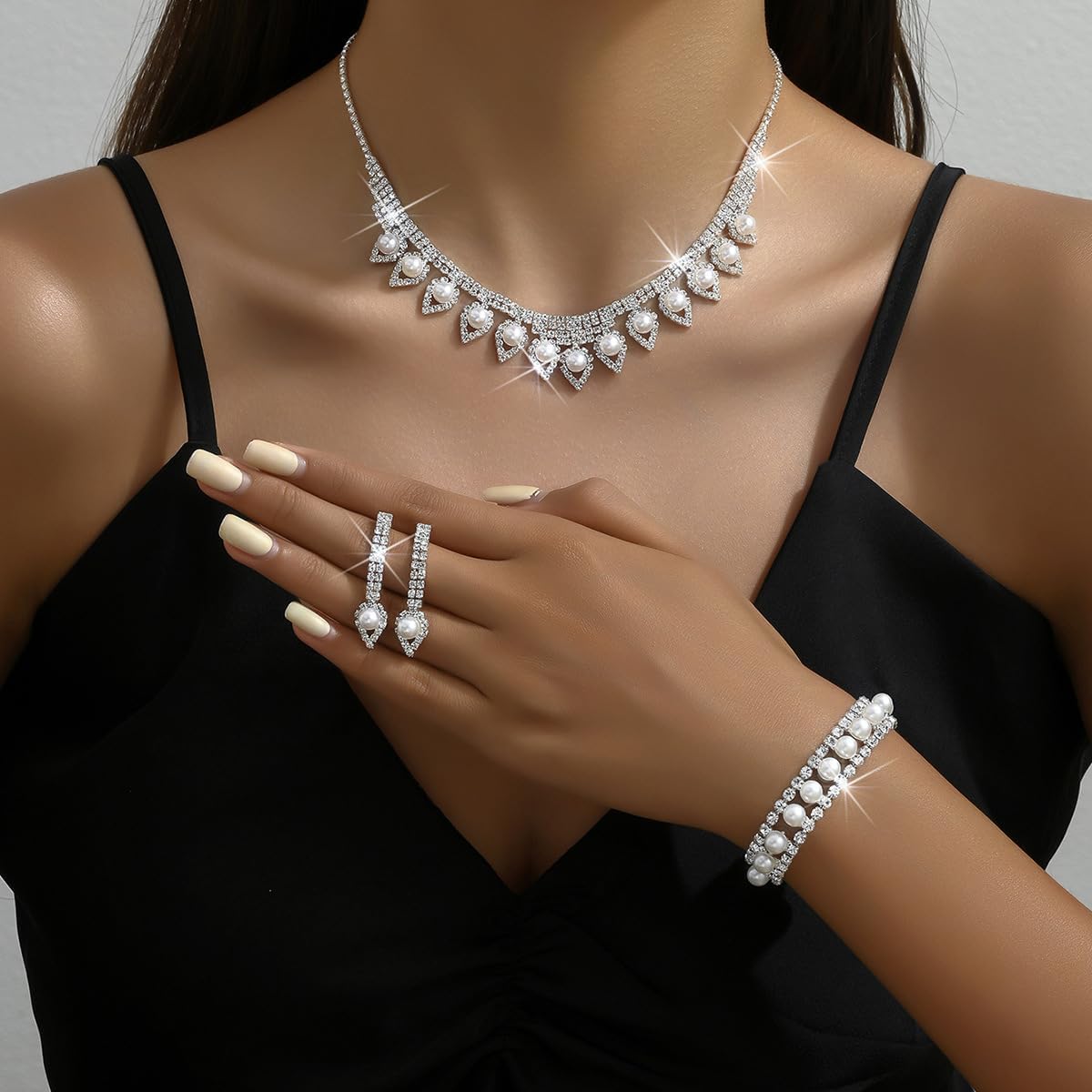 Conjunto Colar Brinco Pulseira Pérola Zircônia Prata Brilhante Gota- Noiva Casamento Festa Formatura Debutante - Presente Amor Mãe Namorada Amiga - Clássico Delicado Vintage - Imagem 3