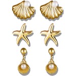 3 pares de brincos de estrela do mar dourados para mulheres, conjunto de brincos de concha de verão e praia, brincos pendentes de pérola, joia de sereia, acessório do oceano