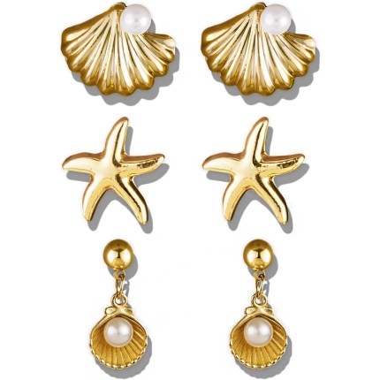 3 pares de brincos de estrela do mar dourados para mulheres, conjunto de brincos de concha de verão e praia, brincos pendentes de pérola, joia de sereia, acessório do oceano
