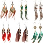 6 Pairs Women Faux Feather Earrings Dream Catcher Bohemian Fringe Tassel Long Drop Dangle Earrings Set with Design for Women