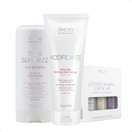 Amend Essencial Kit de Tratamento Capilar Seca Sem Frizz + Acidificante Máscara de Equilíbrio do pH + Ampolas de Reparação