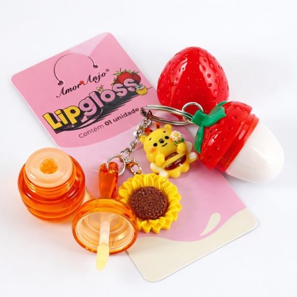 Amor Anjo Lip Gloss, Brilho Labial com Chaveiro, Formato de Morango e Girassol, Contém 1 Unidade