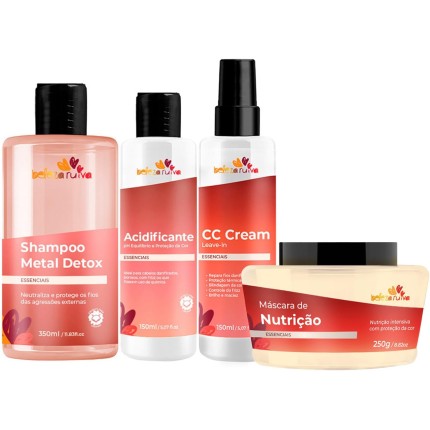 Beleza Ruiva – Kit Tratamento Antiporosidade Essenciais | Limpeza Antimetais, Nutrição e Selagem Capilar | Shampoo Metal Detox, Acidificante, CC Cream e Máscara de Nutrição