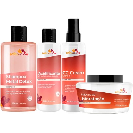 Beleza Ruiva – Kit Tratamento Essenciais | Shampoo Metal Detox, Acidificante pH Equilíbrio, Máscara de Hidratação e CC Cream | Nutrição, Proteção e Brilho para Cabelos Ruivos