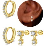 Brincos de ouro para mulheres, brincos de costas planas, hipoalergênicos, brincos de aço cirúrgico, brincos de argola pequenos para mulheres, brincos de cartilagem banhados a ouro, Helix, conjunto de