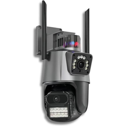 Câmera de Segurança Externa 4G Lente Dupla 4MP, Monitoramento Duas Telas PTZ 360°, Visão Noturna Colorida, Alarme de Luz Vermelha e Azul, Sirene, IP66, Rastreamento Humano AI - App V3 (1)