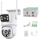 Câmera de Segurança WiFi Externa HD 6MP, Com armazenamento na nuvem,Visão Noturna Infravermelha, Dupla Lente Grande Angular, À Prova D'Água IP66, Detecção de Movimento e Áudio Bidirecional
