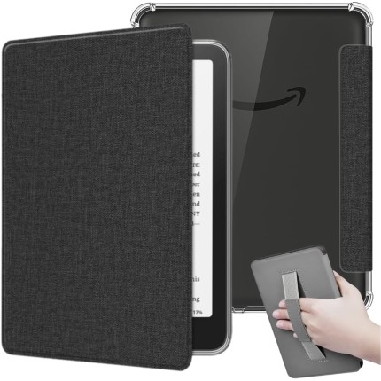 Capa de Tecido Para Kindle 11ª Geração 6” (Modelos 2022 e 2024 – C2V2L3 e RS23CV) – Proteção Leve e Rígida – Auto Hibernação – Fechamento Magnético – Traseira Transparente e Alça de Suporte (Preto)