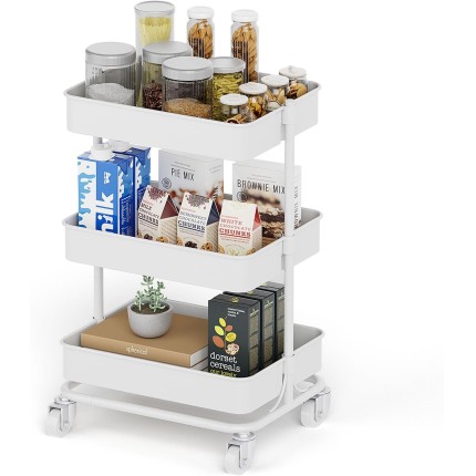 Carrinho utilitário moderno de metal de 3 camadas com rodízios silenciosos, 39 x 30 x 60 cm, organizador de carrinho organizador resistente para escritório, sala de estar, cozinha, (branco)