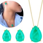 Conjunto Brinco Colar Feminino Cravejado Pedra Fusion Banhado a ouro 18k Banho paládio antialérgico Semijoia Corrente Cordão 45 cm Dourado - Imagem 2
