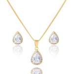 Conjunto Brinco Gota Colar Pingente Gota Cravejado Pedra Zircônia Banhado a ouro 18k Antialérgico Semijoia Dourado Festa Casamento Madrinha Casual