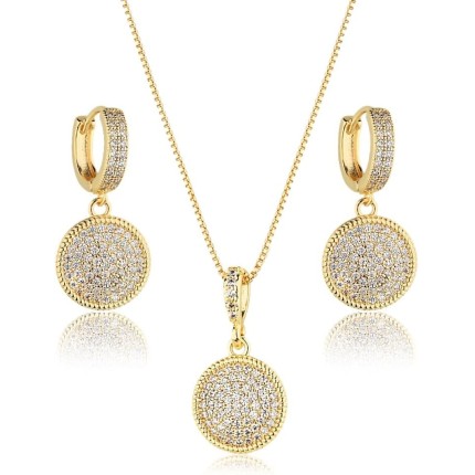 Conjunto Brinco e Colar Corrente Pizza Redondo Cravejado com Pedras Zircônias Banhado a ouro 18k banho paládio antialérgico Semijoia
