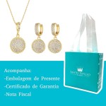 Conjunto Brinco e Colar Corrente Pizza Redondo Cravejado com Pedras Zircônias Banhado a ouro 18k banho paládio antialérgico Semijoia - Imagem 2