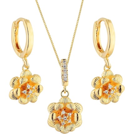 Conjunto Brinco e Colar Feminino Banhado a ouro 18k Banho paládio antialérgico Cravejado com pedras zircônias Dourado Corrente correntinha Semijoia