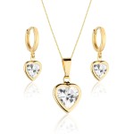 Conjunto Brinco e Colar Pingente Coração Cravejado Pedra Zircônia Banhado a ouro 18k Banho paládio antialérgico Semijoia Festa Madrinha Casamento Casual Dourado Folheado