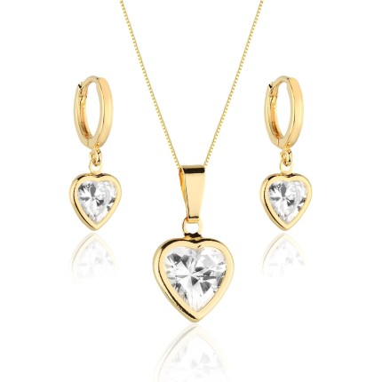 Conjunto Brinco e Colar Pingente Coração Cravejado Pedra Zircônia Banhado a ouro 18k Banho paládio antialérgico Semijoia Festa Madrinha Casamento Casual Dourado Folheado