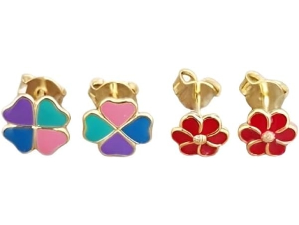 Conjunto Brincos Infantil Florzinha eTrevo Folheado a Ouro 18k Antialérgico