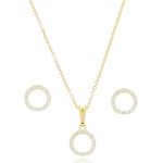 Conjunto Colar E Brinco Feminino Folheado A Ouro 18k Pingente Redondo Cravejado Elegante Perfeito Para Presente