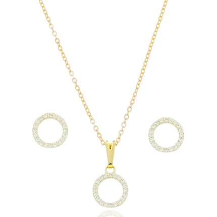 Conjunto Colar E Brinco Feminino Folheado A Ouro 18k Pingente Redondo Cravejado Elegante Perfeito Para Presente