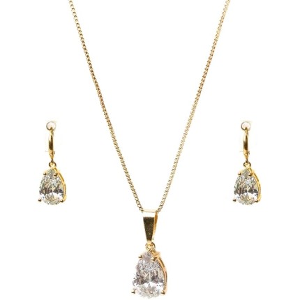 Conjunto Colar e Brinco Gota Pedras de Zircônias Semi Joias Banhado Ouro 18k