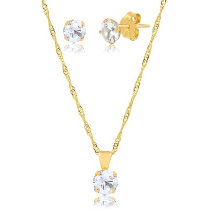 Conjunto Feminino Banhado a Ouro 18k, Colar 45cm com Pingente e Brincos de Zircônia Branca, Design Minimalista