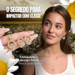 Conjunto Feminino "Floral Charm" – Colar 40cm + 5cm Ajustáveis e Brincos 2.8cm x 1.5cm – Cobre com Zircônia, Elegante e Sofisticado – Acompanha Bolsa de Veludo - Imagem 2