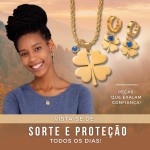 Conjunto Feminino "Lucky Girl" em Aço Inoxidável com Colar Trevo 4 Folhas e Olho Grego + Brincos – Sorte, Proteção e Estilo - Acompanha Bolsa de Veludo