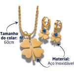 Conjunto Feminino "Lucky Girl" em Aço Inoxidável com Colar Trevo 4 Folhas e Olho Grego + Brincos – Sorte, Proteção e Estilo - Acompanha Bolsa de Veludo - Imagem 2