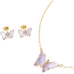 Conjunto Feminino Semijoia Folheada a Ouro 18k Colar e Brinco Borboleta com Microzircônia Cristal