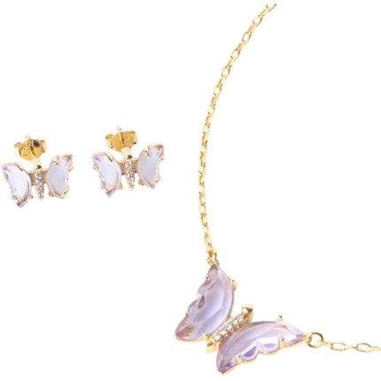 Conjunto Feminino Semijoia Folheada a Ouro 18k Colar e Brinco Borboleta com Microzircônia Cristal