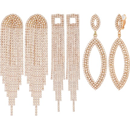 Conjunto de 3 pares de brincos de ouro / prata para mulheres, deslumbrante, strass, lustre, gota, borlas longas, pingentes, brincos de pressão hipoalergênicos para casamento, noiva, festa de formatura