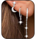 Conjunto de 3 pares de brincos para mulheres, brincos de estrela de prata, brincos de lua de prata para mulheres, brincos empilháveis, brincos delicados, brincos pendentes para mulheres, presentes de