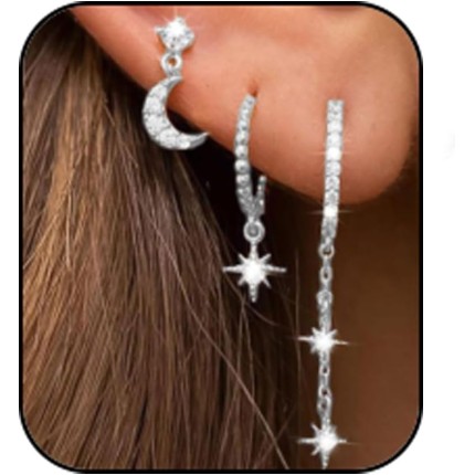 Conjunto de 3 pares de brincos para mulheres, brincos de estrela de prata, brincos de lua de prata para mulheres, brincos empilháveis, brincos delicados, brincos pendentes para mulheres, presentes de