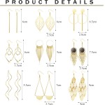 Conjunto de 9 pares de brincos pendentes femininos de aço inoxidável, boêmio, vintage, prata/ouro, brincos de barra longa, joias modernas - Imagem 2