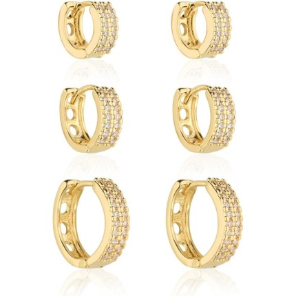 Conjunto de Brinco Feminino Argola Argolinha 3 Furos Semijoia Folheado Banhado a Ouro 18k Banho paládio antialérgico Cravejado Pedra Zircônia Festa Casual Moda Estilo Mulher Kit