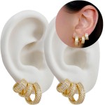 Conjunto de Brinco Feminino Argola Argolinha 3 Furos Semijoia Folheado Banhado a Ouro 18k Banho paládio antialérgico Cravejado Pedra Zircônia Festa Casual Moda Estilo Mulher Kit - Imagem 2