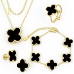 Conjunto de Joias Femininas Trevo da Sorte 18K — Colar, Brincos, Anel Ajustável e Pulseira em Aço Inoxidável