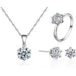 Conjunto de Joias Feminino com Zircônia 8mm, Brincos, Colar e Anel Ajustável, Banhado em Prata, Design Elegante, para Uso Diário e Ocasiões Especiais