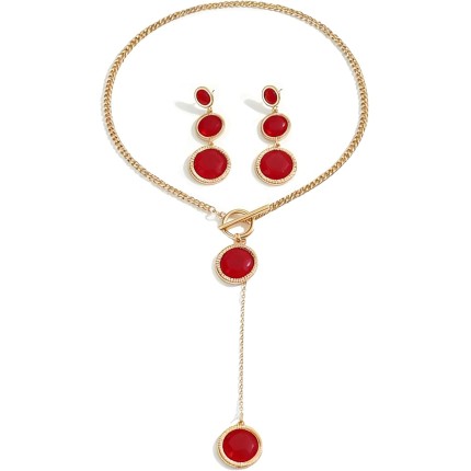 Conjunto de colar e brinco feminino vermelho/preto conjunto de joias banhado a ouro elegante pingente circular colar brincos