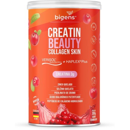 Creatin Beauty Collagen Skin, 3g de Creatina, Peptídeos de colágeno Verisol + Ácido Hialurônico Haplex Plus, 300g, Sabor Cranberry, Bigens