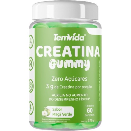 Creatina Gummy 60 Gomas 4,5g Tem Vida - 3g de Creatina por porção - Praticidade e Performance (60 Gomas, Maçã Verde)
