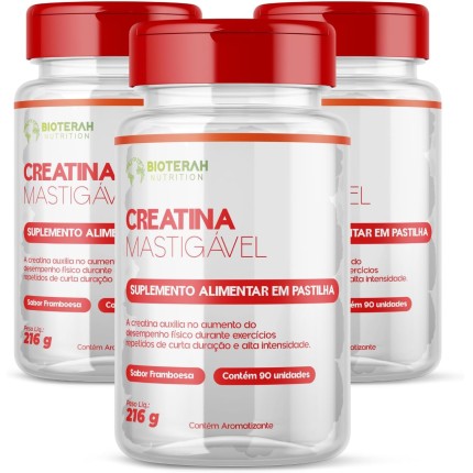 Creatina em Pastilha BIOTERAH 90 Unidades Sabor Framboesa Suplemento de Creatina Monoidratada Mastigável (270 Pastilhas)