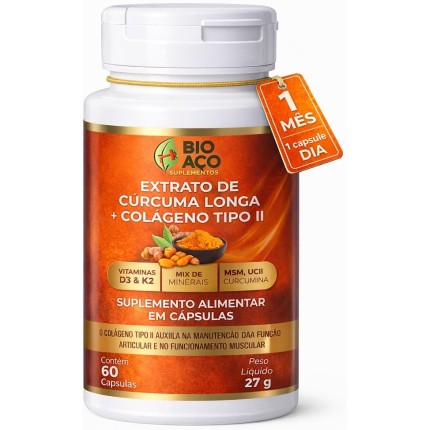 Cúrcuma Longa com Colágeno Tipo II – Curcumina, MSM, Vitaminas D3 e K2, Zinco e Magnésio – 60 Cápsulas – Auxilia na Função Muscular