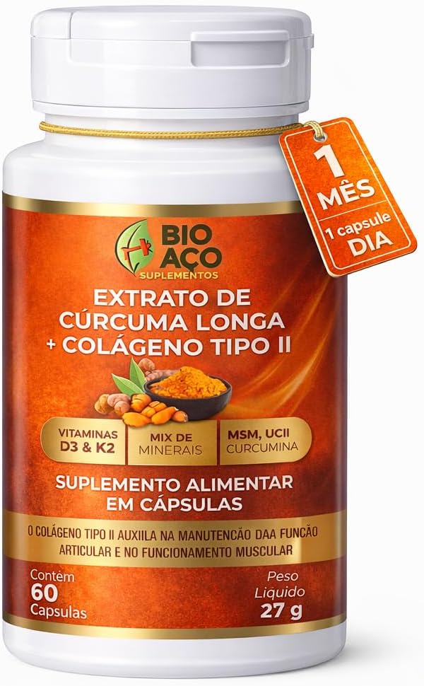 Curcuma-Longa-com-Colageno-Tipo-II-–-Curcumina-MSM-Vitaminas.jpg Cúrcuma Longa com Colágeno Tipo II – Curcumina, MSM, Vitaminas D3 e K2, Zinco e Magnésio – 60 Cápsulas – Auxilia na Função Muscular