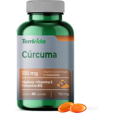 Cúrcuma + Selênio + Vitamina B12 e Vitamina E - 130 mg de Rizomas de Curcumina - 60 softcaps - Tem Vida