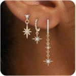 FANZE 3 pares de brincos de estrela para mulheres, conjunto de brincos de zircão cúbico para vários piercings, hipoalergênicos, leves, de corrente de argola para três furos, joias fofas da moda