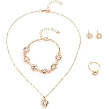 FLORA Conjunto de colar brincos anel e pulseira em formato de coração conjunto de colar em formato de coração conjunto de colar em liga metálica moda feminina